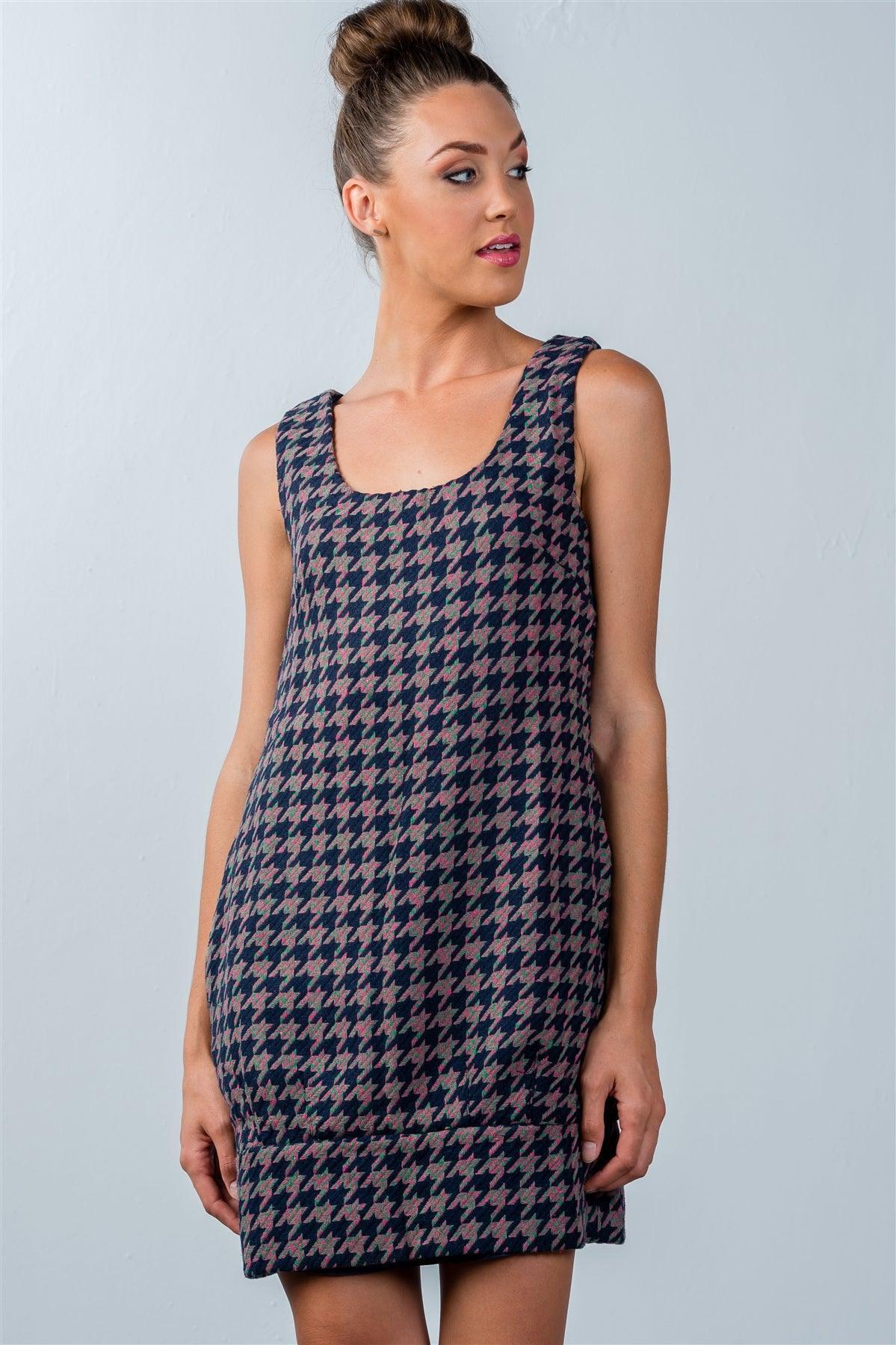 Robe courte sans manches à motif pieds-de-poule multiples