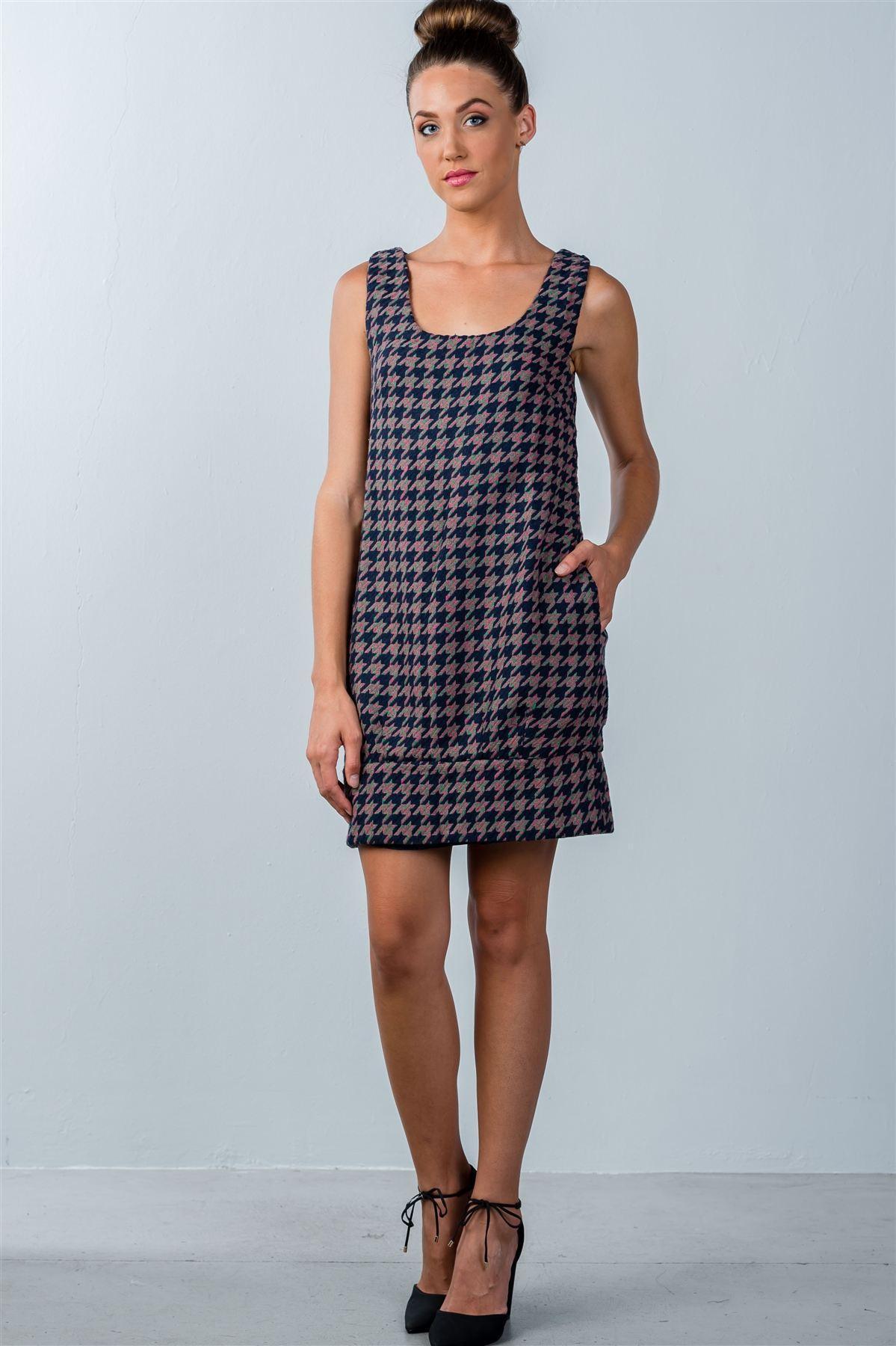 Robe courte sans manches à motif pieds-de-poule multiples