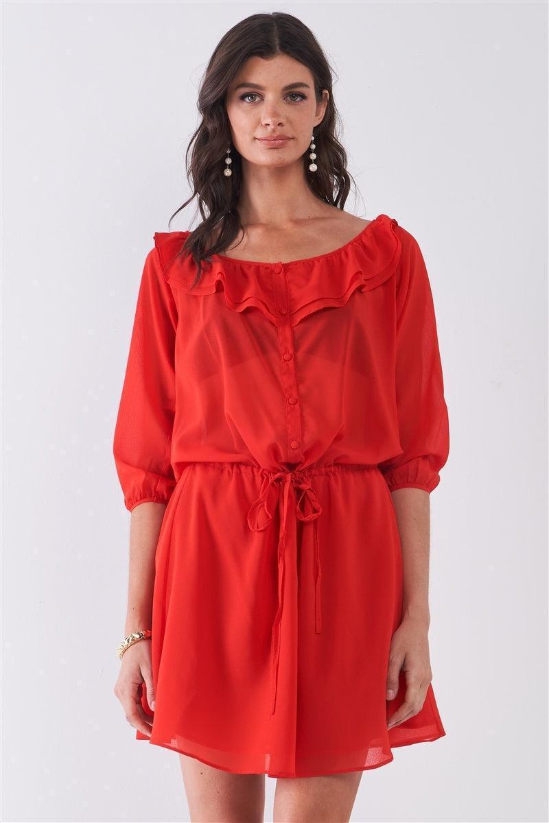 Robe courte boutonnée à col bateau