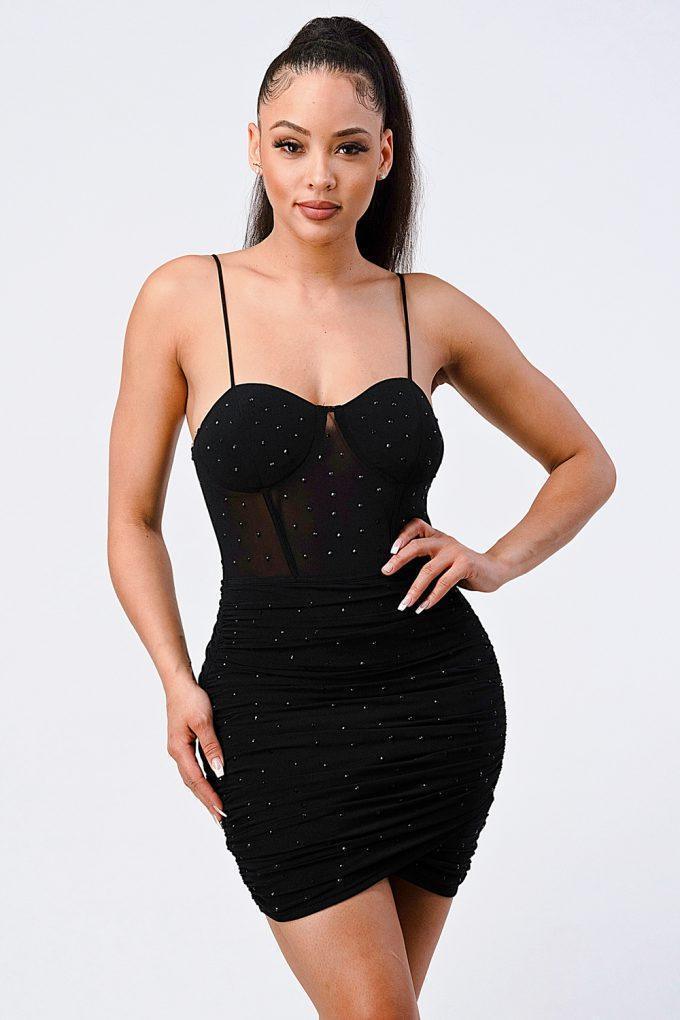 Luxury Glitter Front Mesh Ribbed Cami Mini Dress
