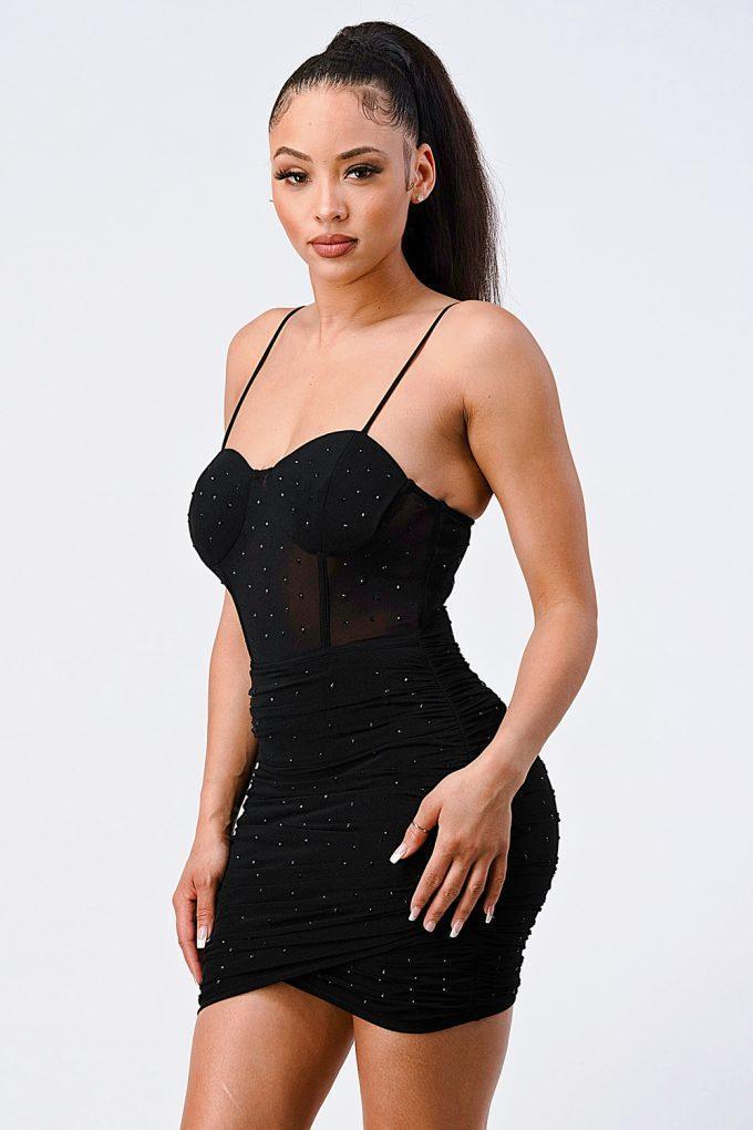 Luxury Glitter Front Mesh Ribbed Cami Mini Dress