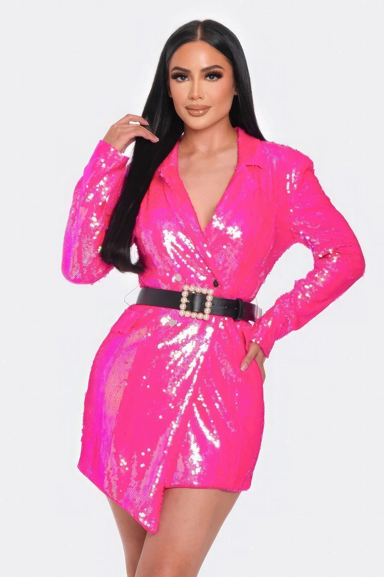 Sequined blazer mini dress with belt
