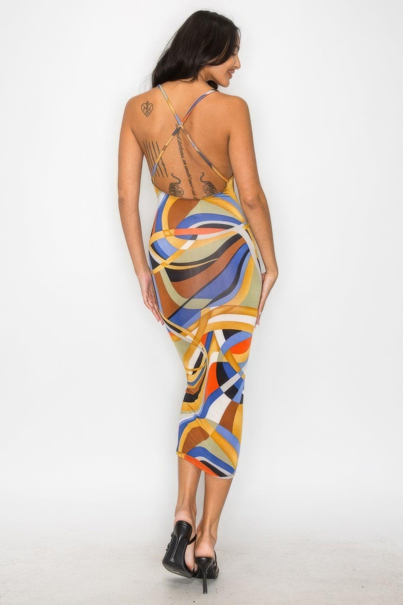 Robe moulante à imprimé marbre croisé