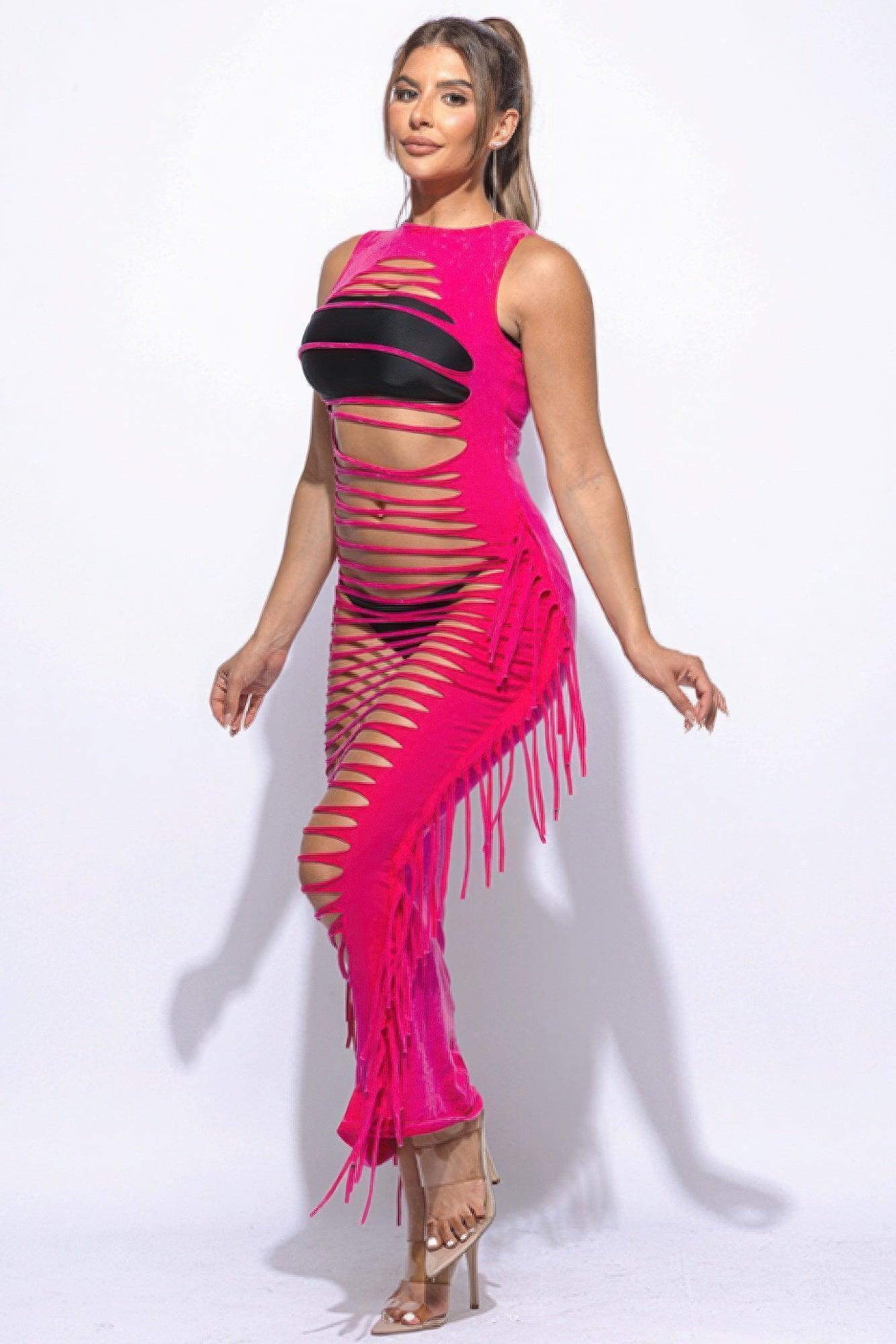 Robe longue découpée à franges