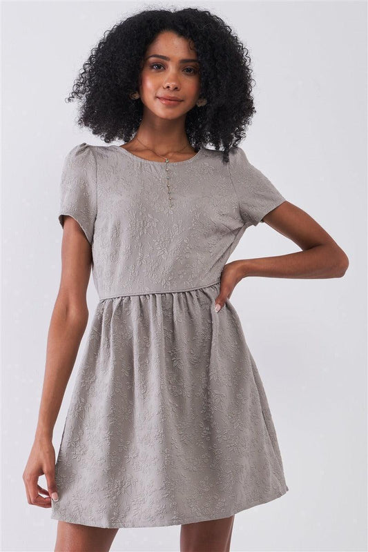 Robe courte à col rond à broderie florale gris argenté