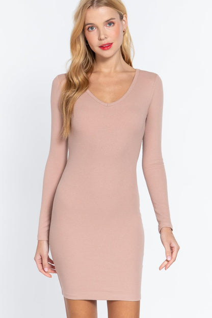 Robe courte côtelée à manches longues et col en V
