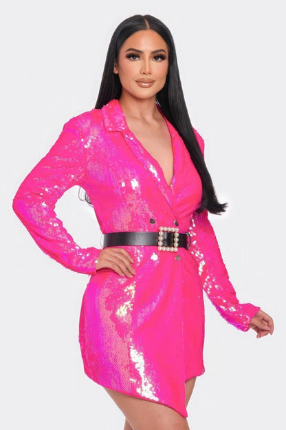 Sequined blazer mini dress with belt