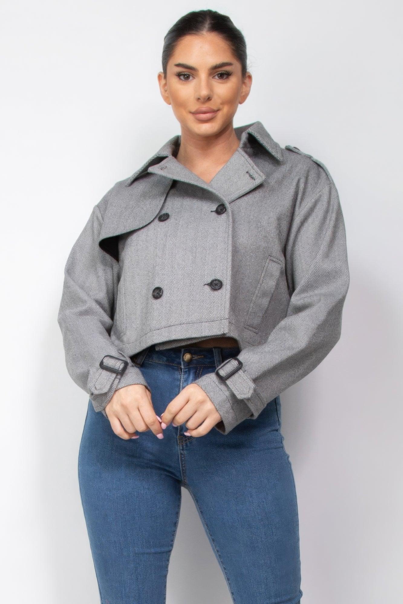 Crop trench-coat à manches bouclées à encoche