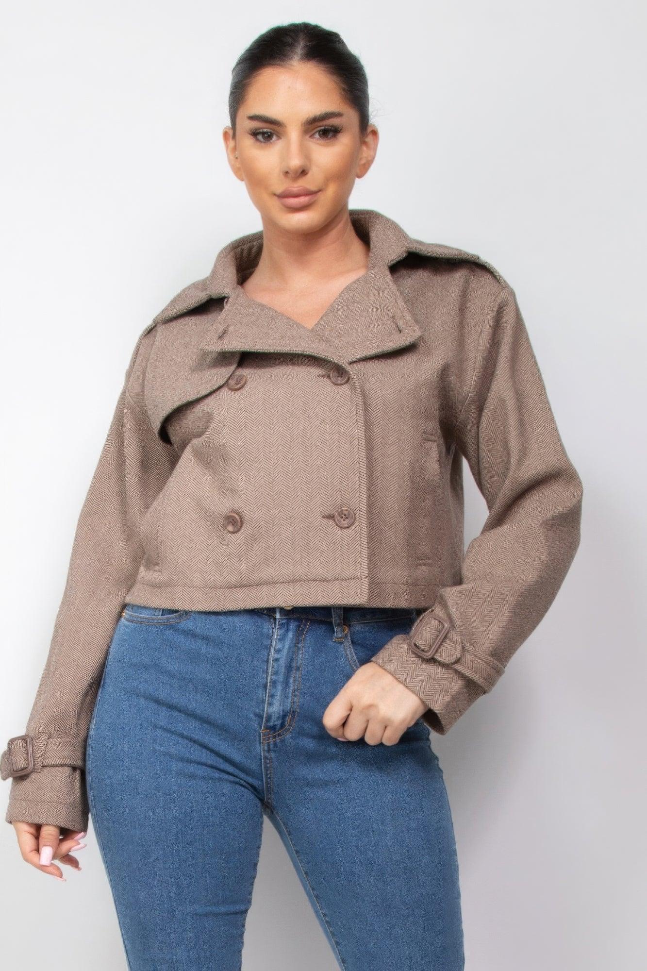 Crop trench-coat à manches bouclées à encoche