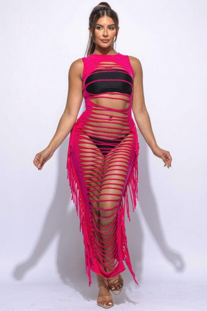 Robe longue découpée à franges